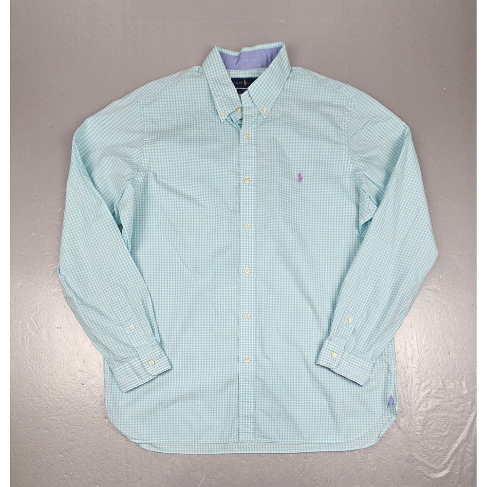Ralph Lauren Button Down Shirt Mens XL Teal Blue Gingham Check Stretch Casual